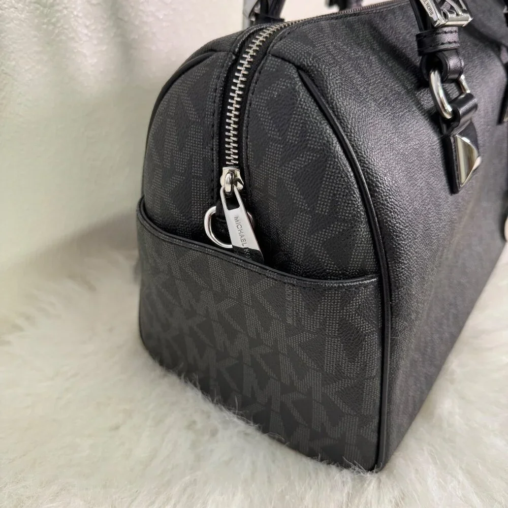 Michael Kors Grayson Signature MK Black Satchel Duffle Saffiano Leather Handbag